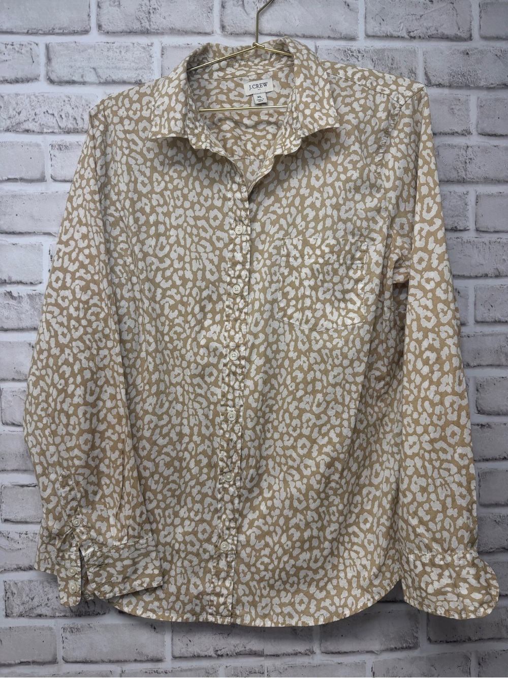 J. Crew ladies sz XL White and Beige Leopard-Print Button Front Shirt